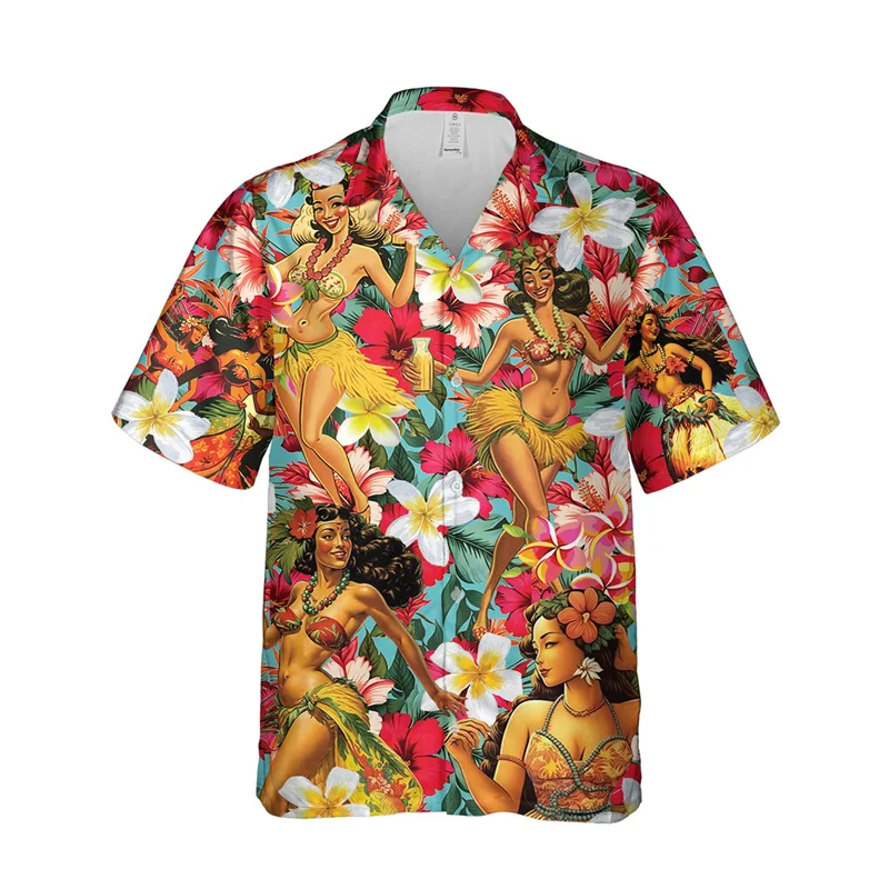 

Hula Girl Graphic Beach Shirts For Men Clothes Hawaiian Dancer Short Sleeve Blouses Casual Aloha Beach Shirts Button Kids Tops