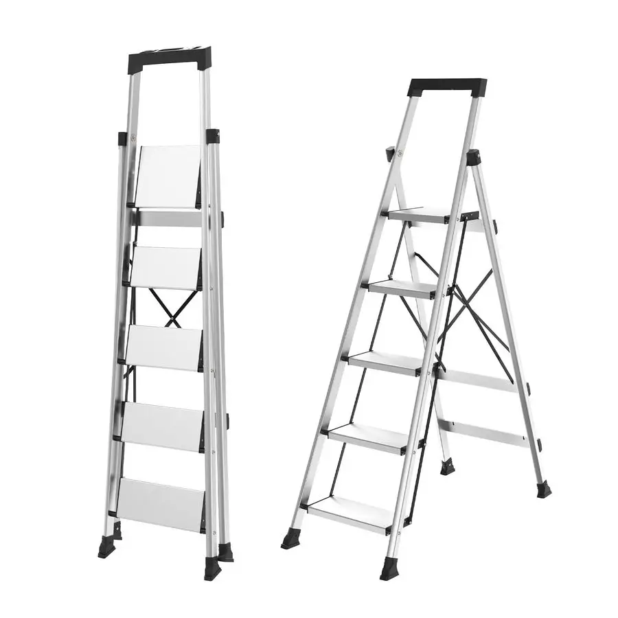 Escalera de Aluminio de 5 Peldaños, Escaleras Resistentes para el Hogar con Bandeja para Herramientas, Taburete Plegable Antideslizante para Adultos, Ligero y Portátil 3