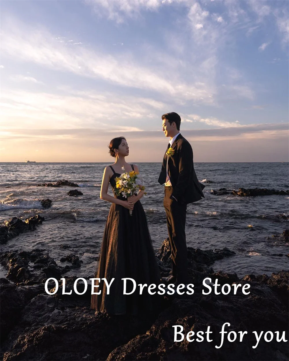 OLOEY-Vestidos de Noche elegantes para sesión de fotos, traje negro con escote Corazón, tirantes en los hombros, línea A, Espalda descubierta, recepción