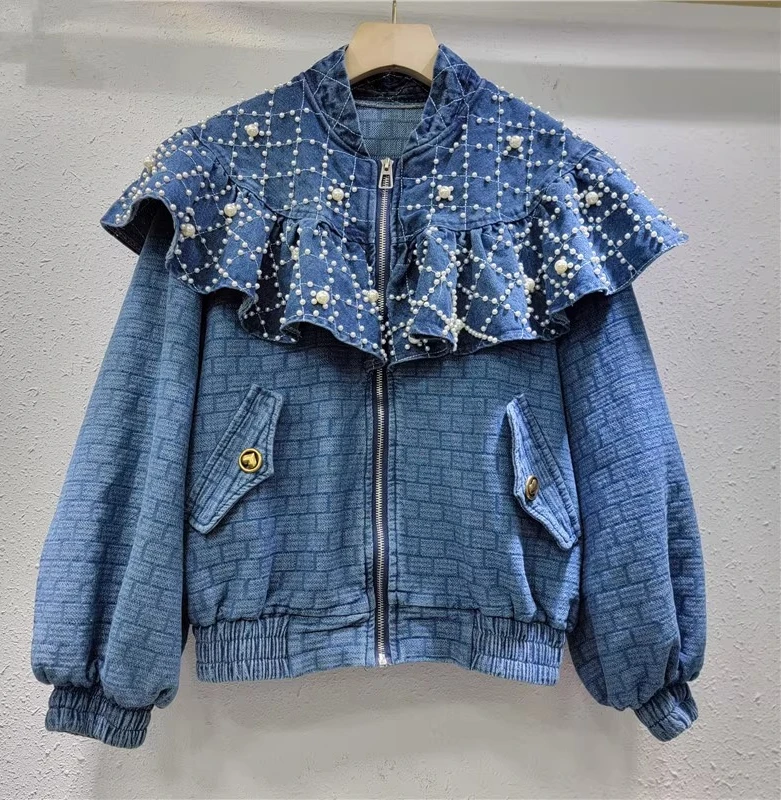 Spring Autumn Heavy Industry Beads Color Matching Ruffles Temperament Denim Jacket Fashion Loose Long Sleeve Versatile Blue Top