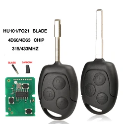 Jingyuqin-llave remota de 3 botones, 315Mhz, 433MHz, 4D60, Chip ID63 para Ford Mondeo Focus Fusion Fiesta Galaxy Transit, llave completa para coche