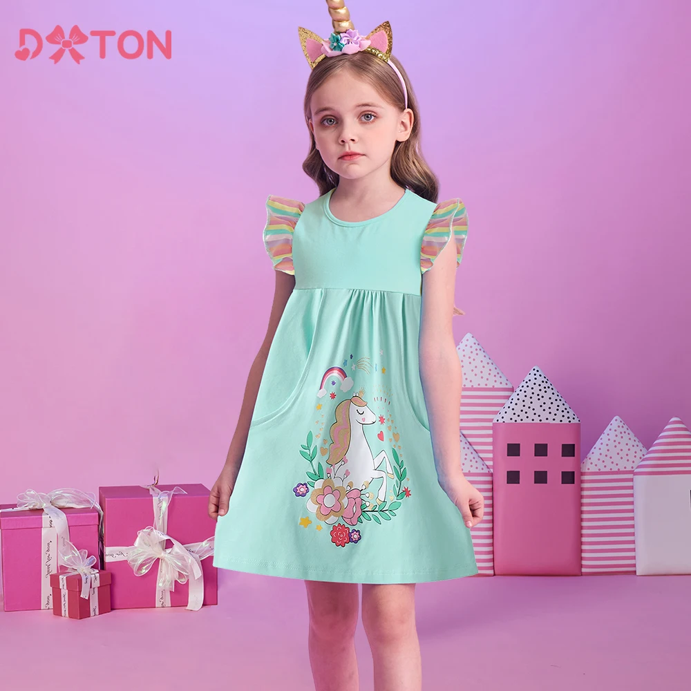 DXTON Baby Girls Ruffles Sleeveless Dress Floral Plants Summer Holiday Kids Clothing Licorne Children Casual Dress With Pocket