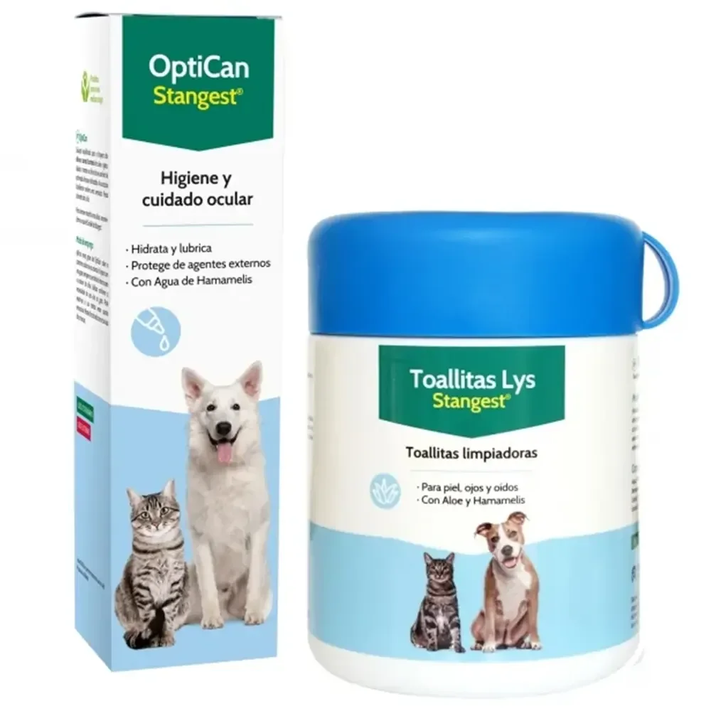PACK OptiCan 125 ml + Toallitas Lys 40 toallitas solución completa para la higiene ocular y auricular de perros y gatos Stangest
