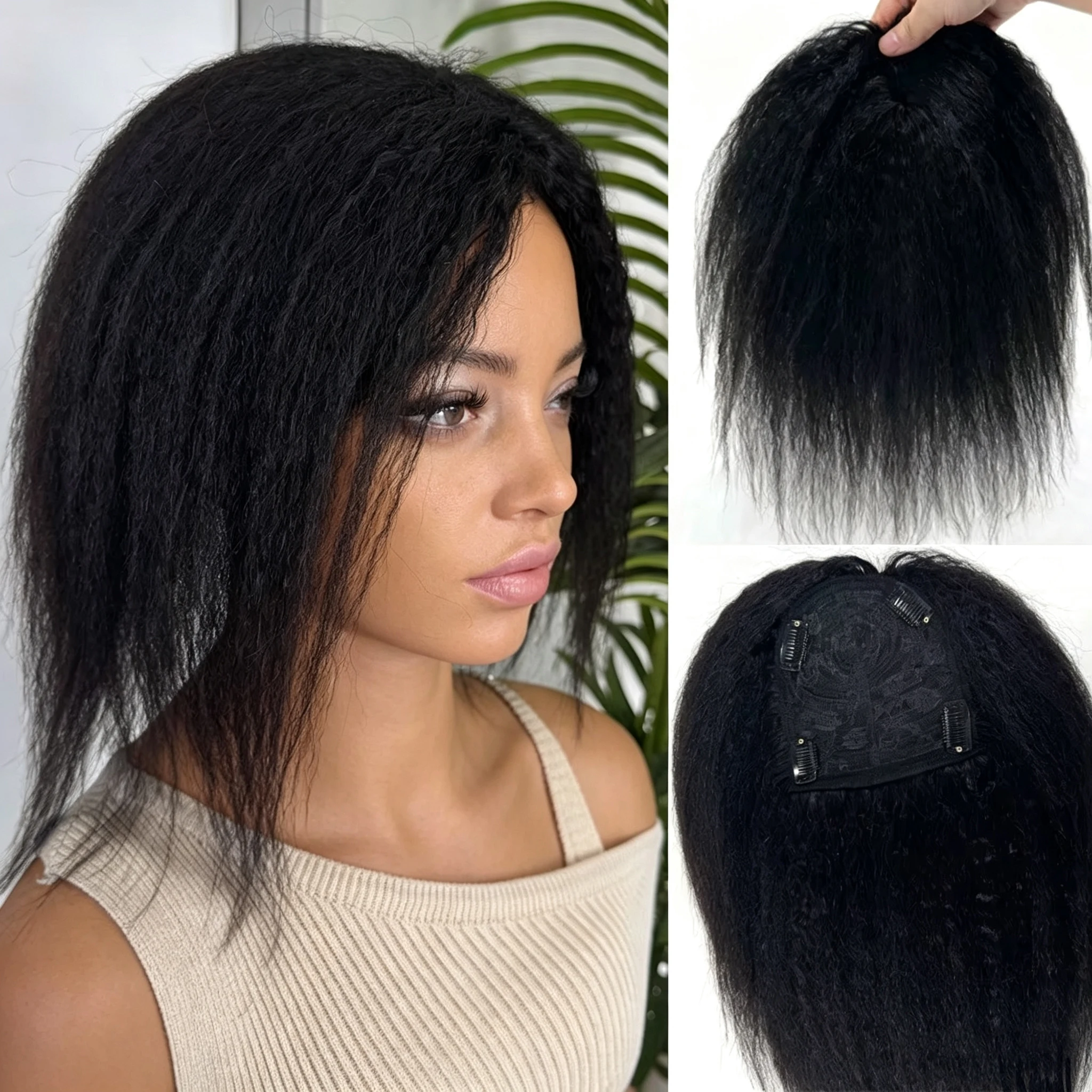 Kinky Straight Wave Toppers Hair -100% Human Hair Extensions,Natural-Looking Curly Texture Yaki Straight Hair Pieces for Daily