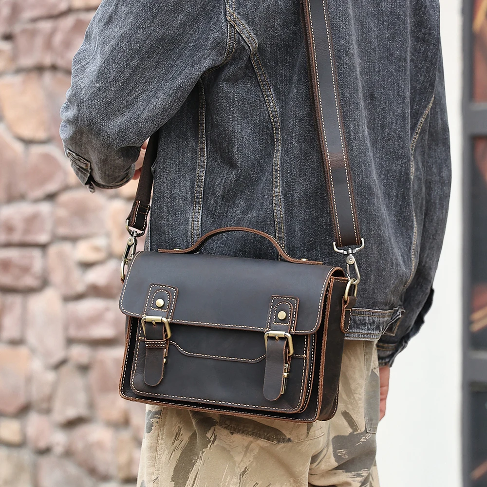 Men's Small Square Bag Crazy Horse Casual Vintage Shoulder Bag Genuine Leather Crossbody Bag Vintage Postman Bag For Men