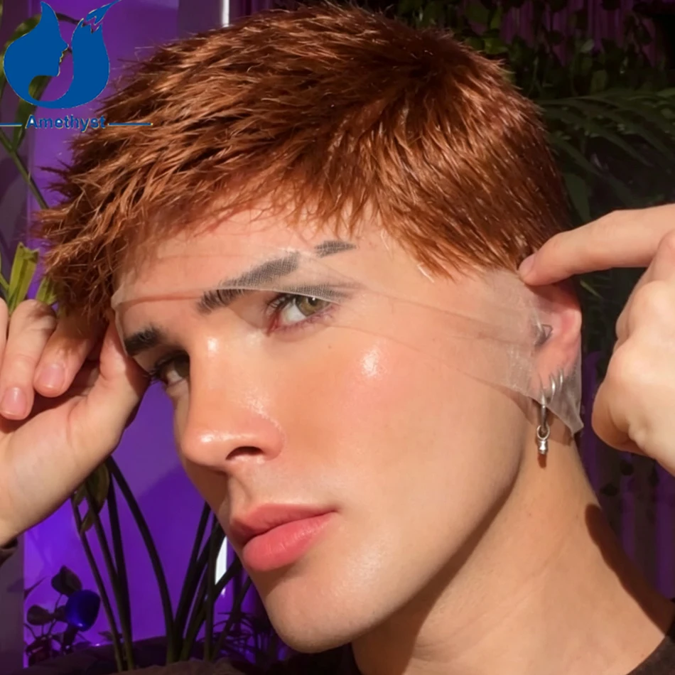 Amethyst Ginger Brown Full Lace Wig for Men Short Boy Cut Transparent Lace Wig Remy Brazilian Human Hair Straight Pre Styled