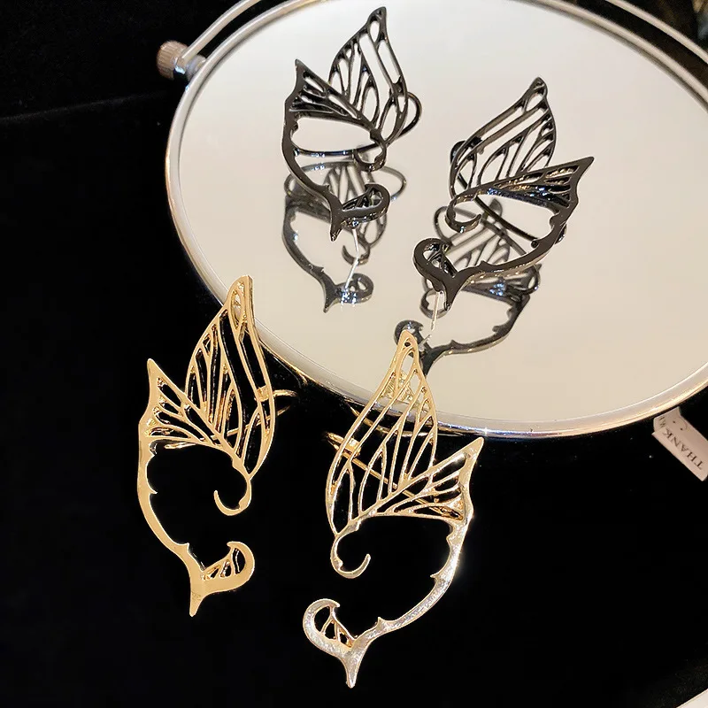 Hip-hop metallic butterfly wings, stud earrings, ear hanging, integrated personality, elf ears, niche temperament, high-end earr