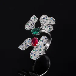 Luxury Designer High Quality Red Green Oval Crystal Flower Adjustable Ring Women Jewelry Exquisite Elegant Fashion Accessories