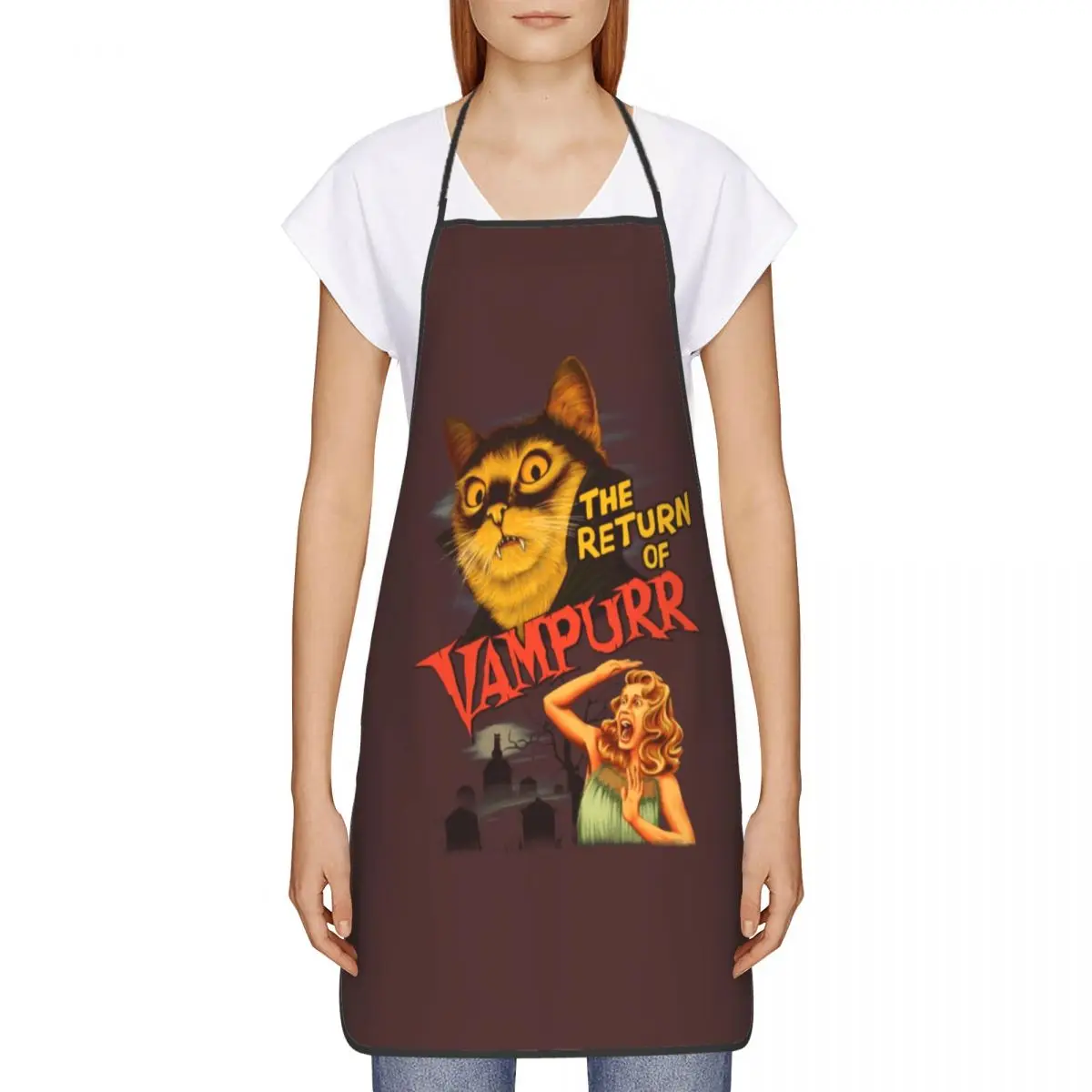 Scary Cat Funny Vampire Kitty Aprons Men Women The Return Of Vampurr Adult Kitchen Chef Bib Tablier Cuisine Cooking Baking