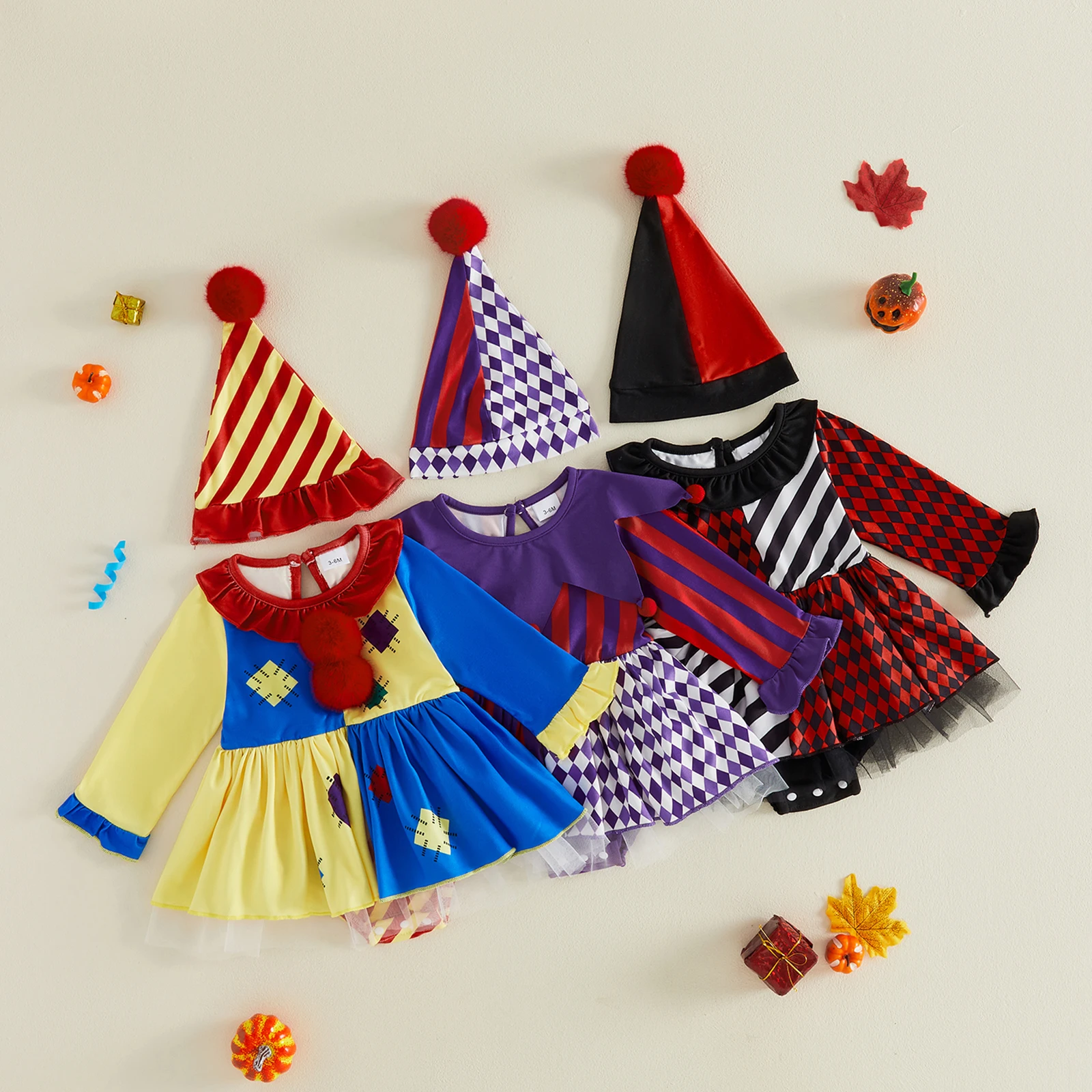 Infant Girl Halloween Outfit Clown Themed Long Sleeve Crew Neck Patchwork Romper Dress Matching Pointed Hat Costume Set