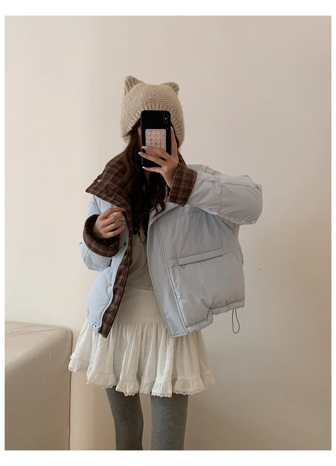 American Plaid Patchwork Puffer Jacket Women Winter Thick Stand Collar Short Parkas Woman Korean Casual Preppy Style Outerwear