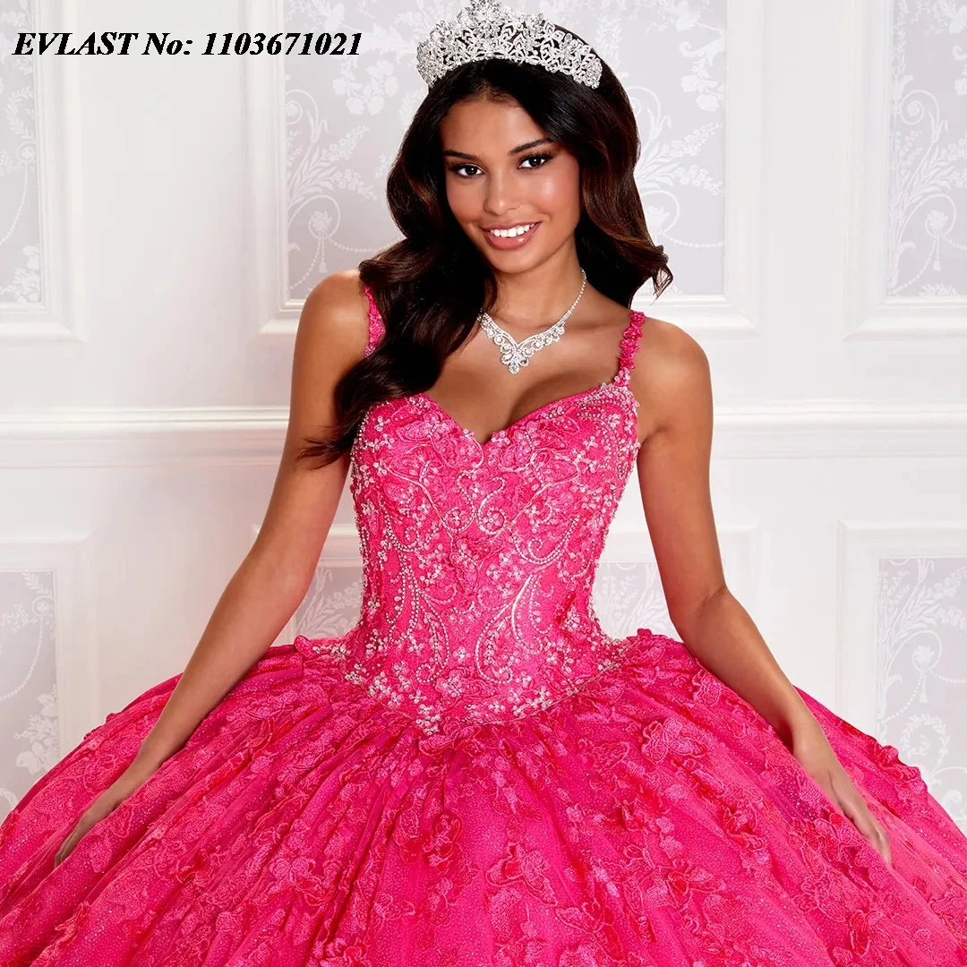 EVLAST-Robe de Quinceanera rose vif mexicaine, robe de Rh, appliques en dentelle, cape perlée, corset, SQ289