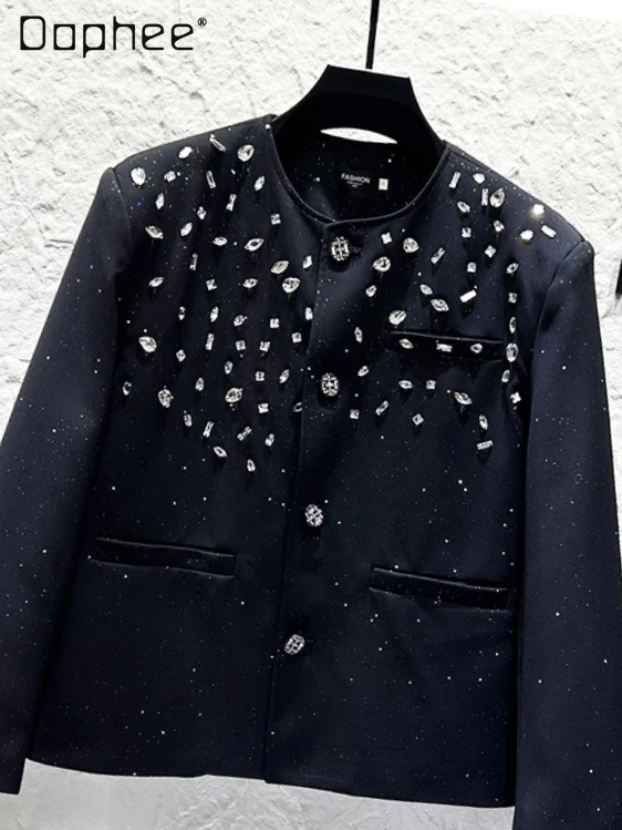 

Light Luxury Handsome Tweed Jacket Men Clothing High-end Fashion Heavy Beading Rhinestone Single-breasted Loose Men Jacket