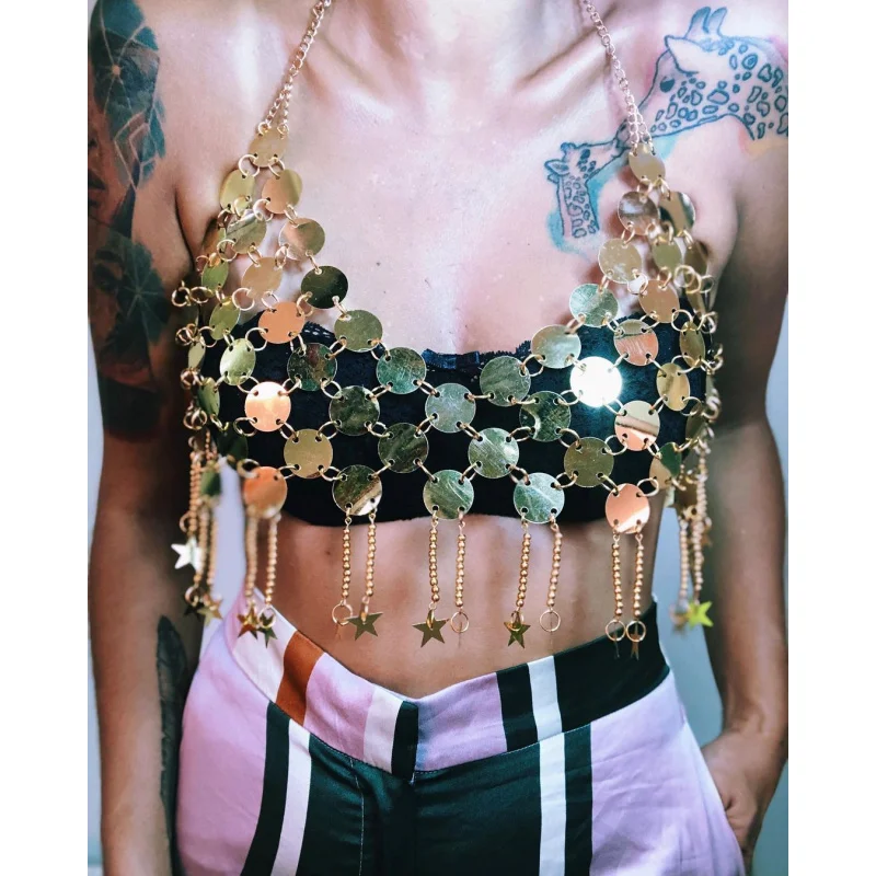 

Украшения для тела, женская круглая цепочка на грудь с блестками, сексуальный бюстгальтер-бикини, цепочка для юбки, нижнее белье, вечерние украшения для ночного клуба, танцевальные украшения для тела