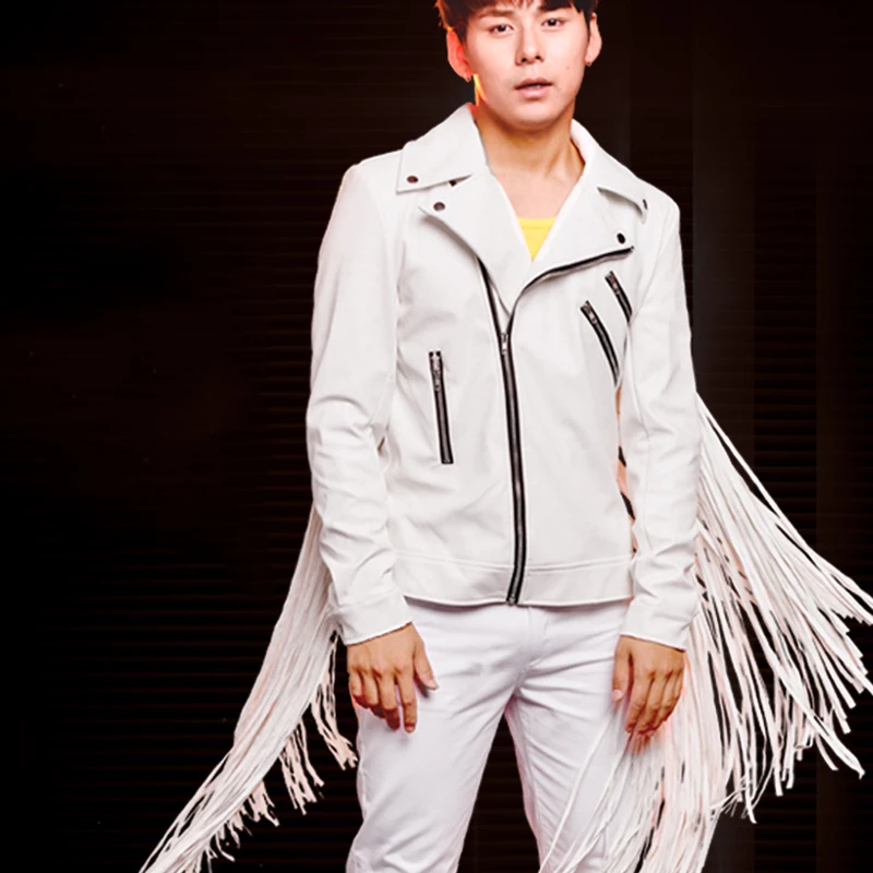 Nightclub Bar Drum Dj Performance Clothing Tassels Leather Blazer Pants Stage Gogo Costume Slim Male Singer Costumes Suit XS3905