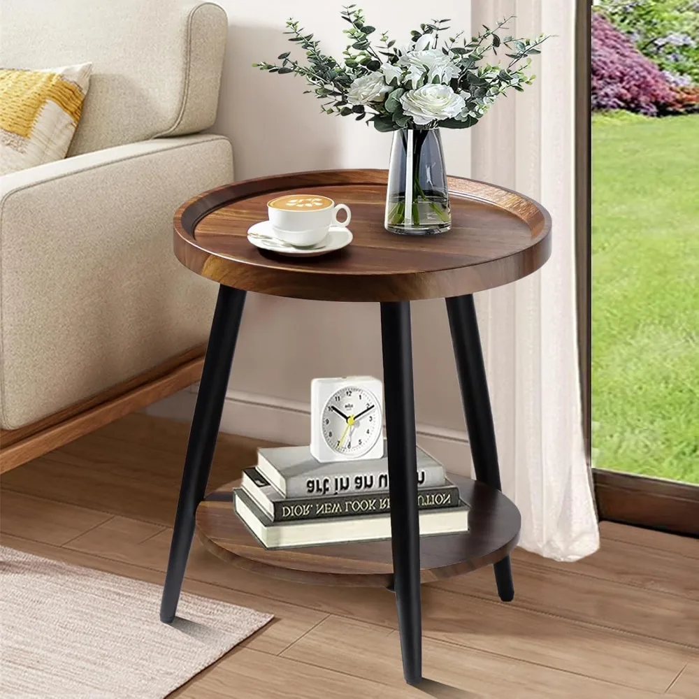 

Small Round Side Table, 2-Tier Mid Century Modern Side Table, Round End Table Small Side Table for Living Room, Metal Frames