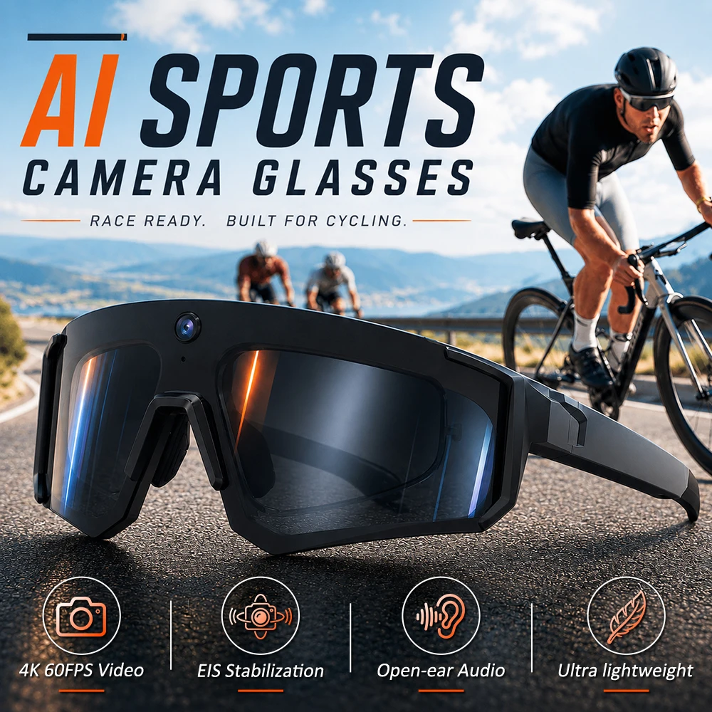 AI Sports Camera Glasses POV 4K 60FPS EIS Stabilization Open-Ear Audio Ultra Lightweight Cycling Sunglasses for Men Women Riders