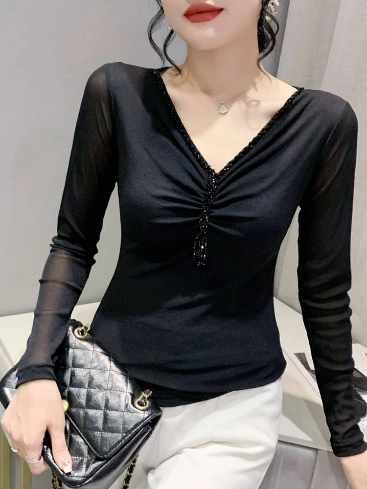 Sexy V-Ne Perline Thiened Long Sve Base da donna irt Autunno Inverno Nuovo Sle Fce Lined Me T-shirt Trendy Pendolarismo...