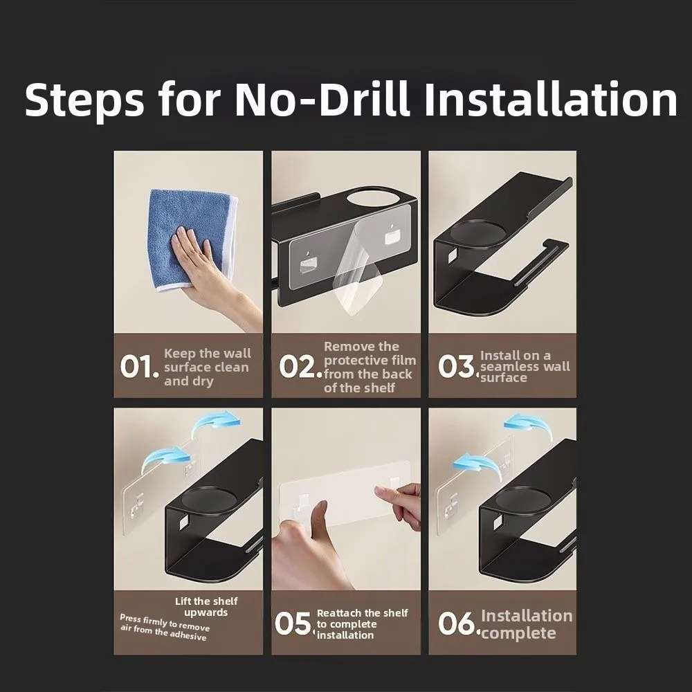 حامل ورق تواليت متعدد الوظائف، تركيب خالٍ من اللكمات مع رف تخزين، حامل ورق تواليت لاصق من الفولاذ الكربوني #5