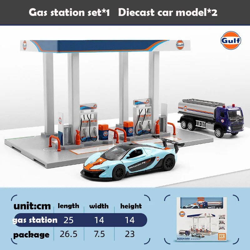 Diecast McLaren P1 Nissan GTR Shell Gulf Oil Gas Station Set Model Assembly Gas Station Alloy Car Model Toy Set Scene Decoration