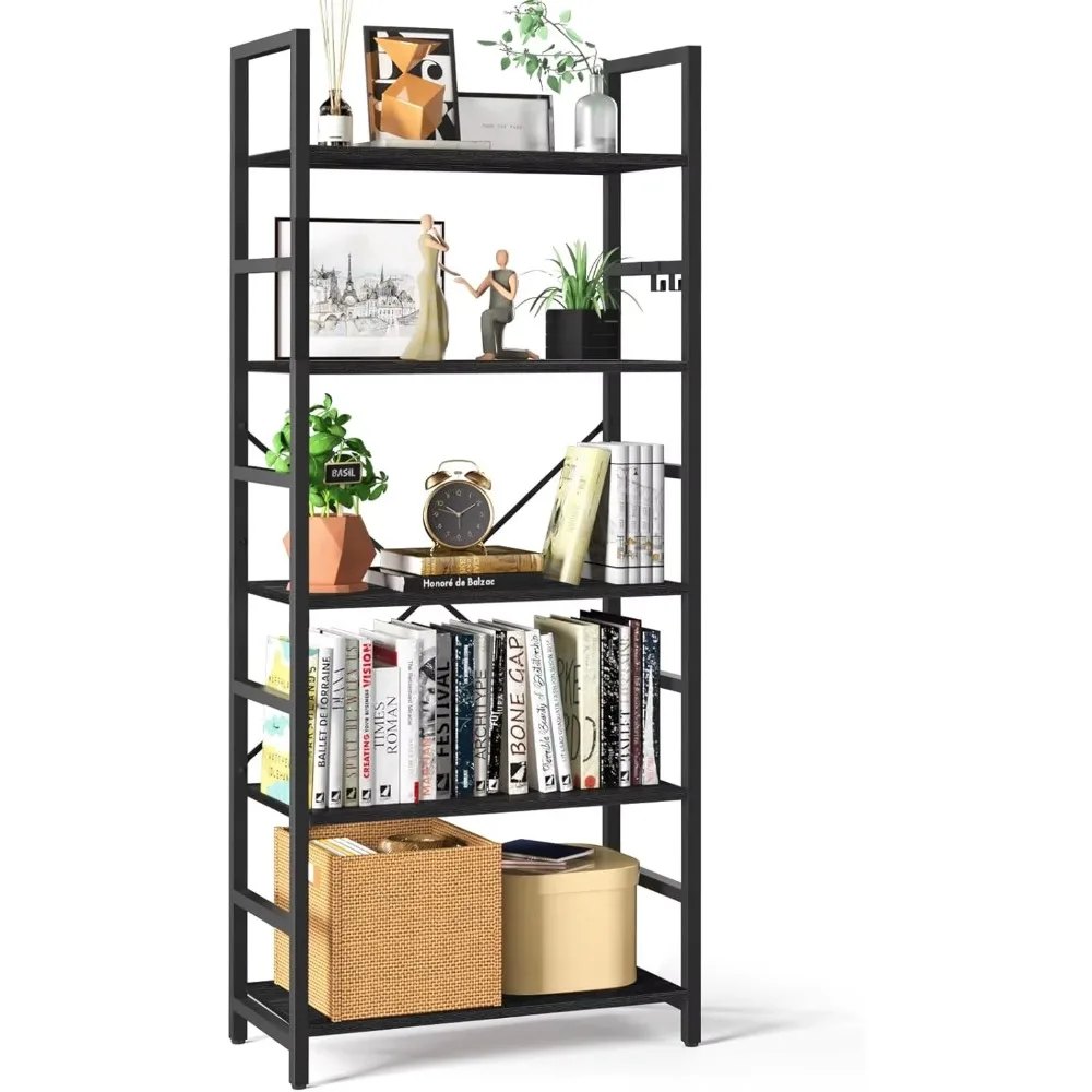 

5 Tier Bookshelf - Tall Book Shelf Modern Bookcase for CDs, Rustic Book Case Bookshelves for Bedroom Office Living Room Black