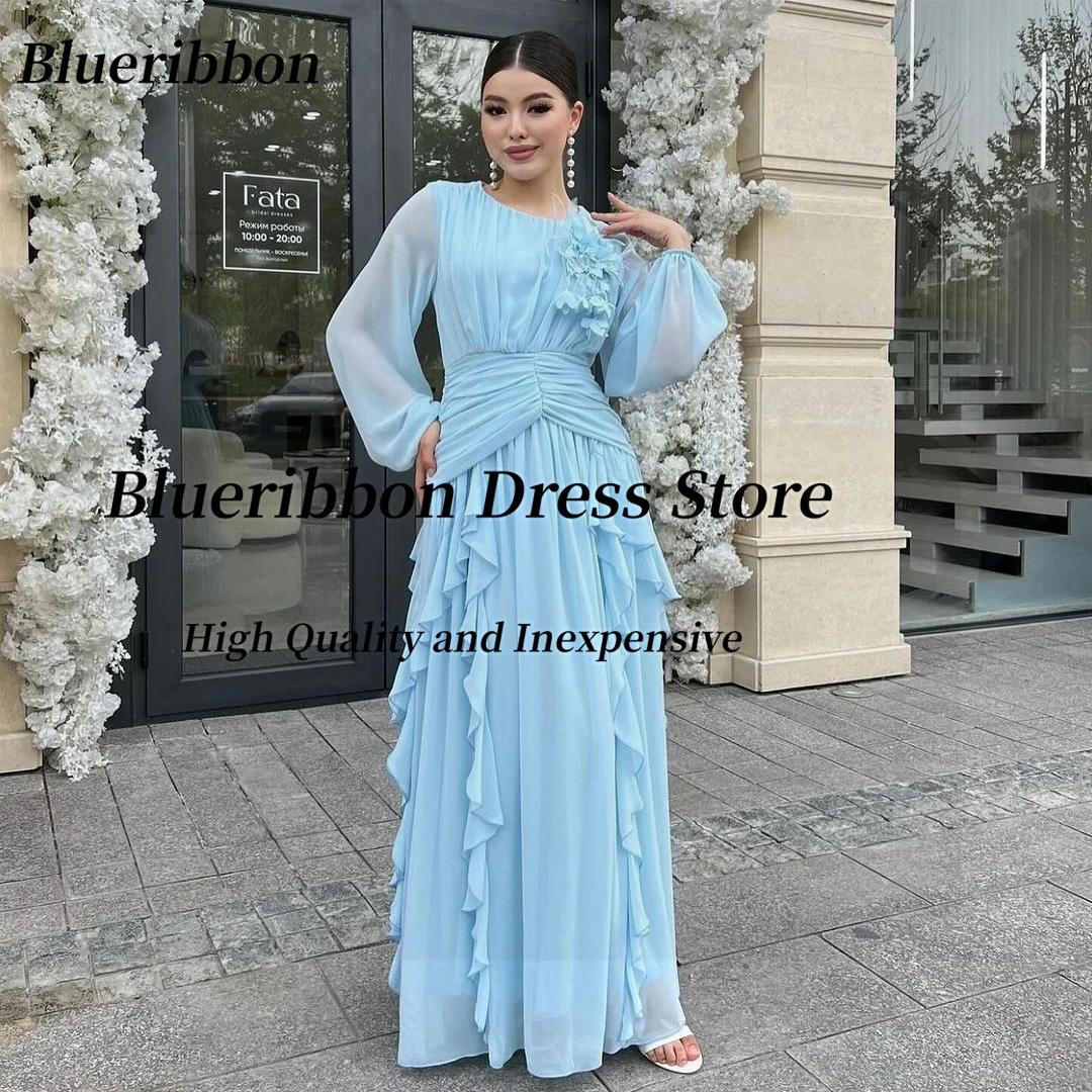 

Blueribbon Ruffles Chiffon Dresses for Evening with Flowers Crew Neck Prom Dress Saudi Ladies Wear Special Occasion Gowns