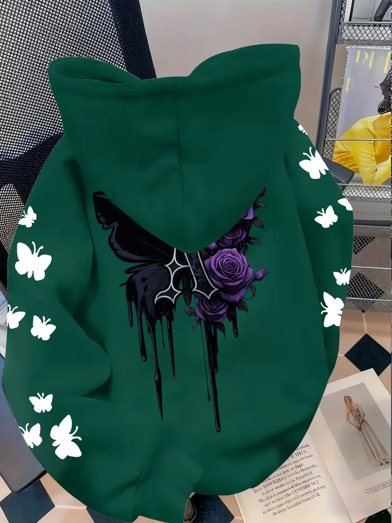 Herren Gothic Hoodie Lila Rose Schwarzer Schmetterling Drip Ästhetischer Grafikdruck Locker Sitzender Vintage Streetwear Pullover Sweatshirt – Detail 11