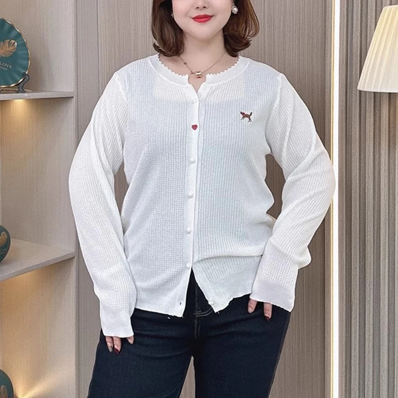 

Women's V-Neck Knit Cardigan 2025 New Spring Summer Long Sleeve Embroidered Cat Design Sweater With Colorful Buttons 2275