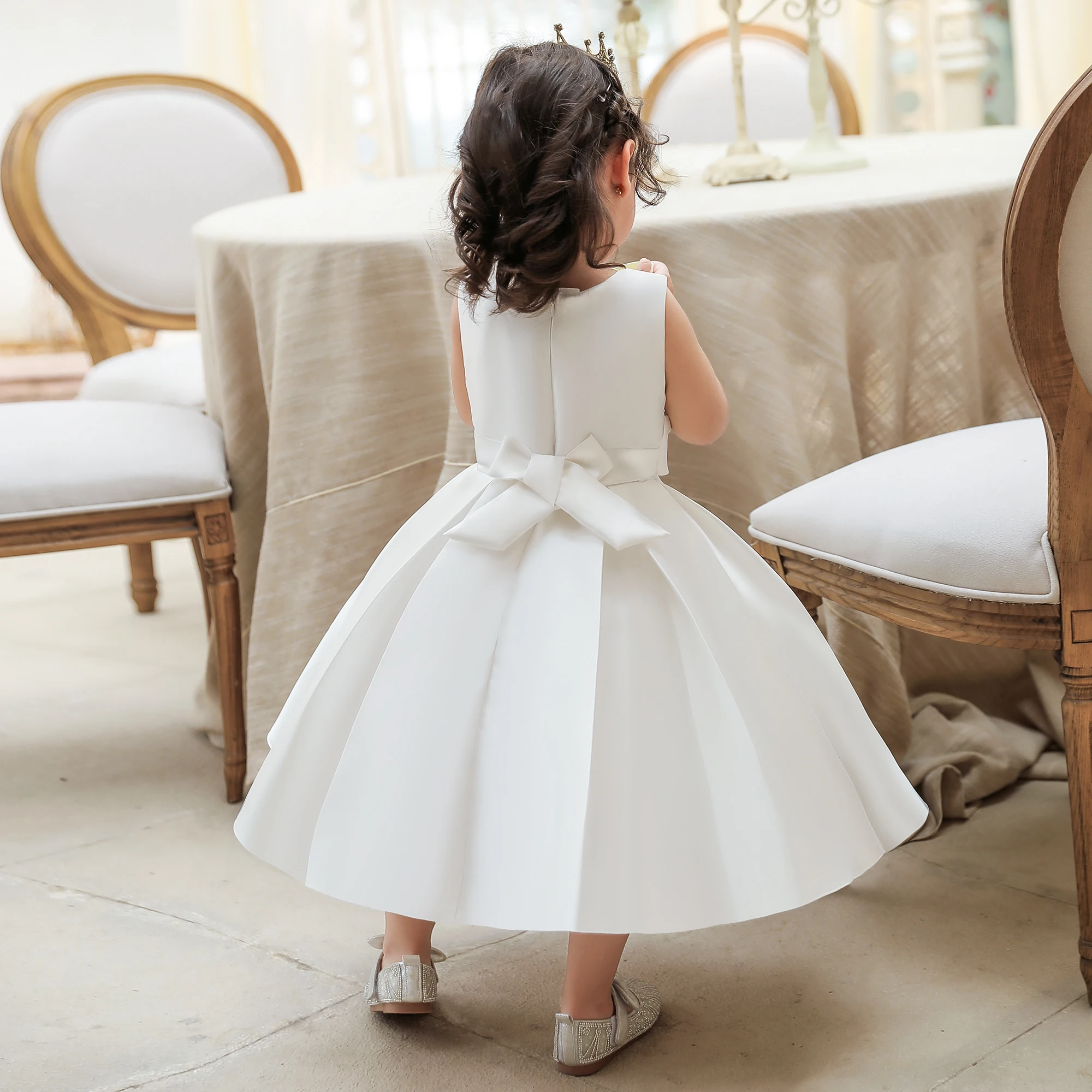 Toddler Satin Girls Dress White Party Pleated Large Bow 1st Birthday Princess Dresses for Girl Baptism Prom Wedding Kids Clothes