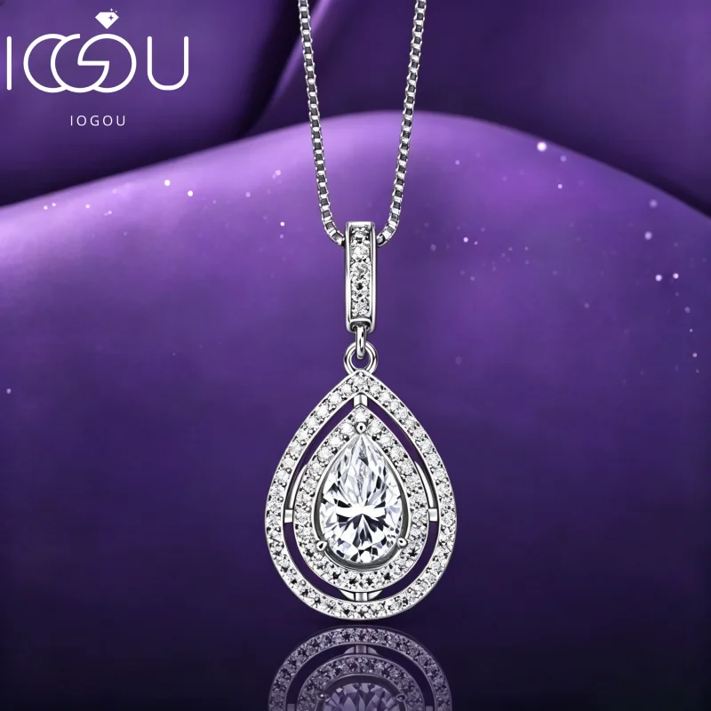 IOGOU 925 Sterling Silver Pear Shape D Color VVS1 Moissanite Droplet Pendant Necklace for Women Adjustable Chain Jewelry Gift