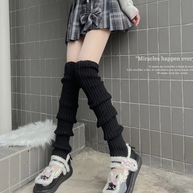 Women Ribbed Knit for Extra Long Leg Warmers Japanese College Striped Solid Color Foot Cover Student Thigh