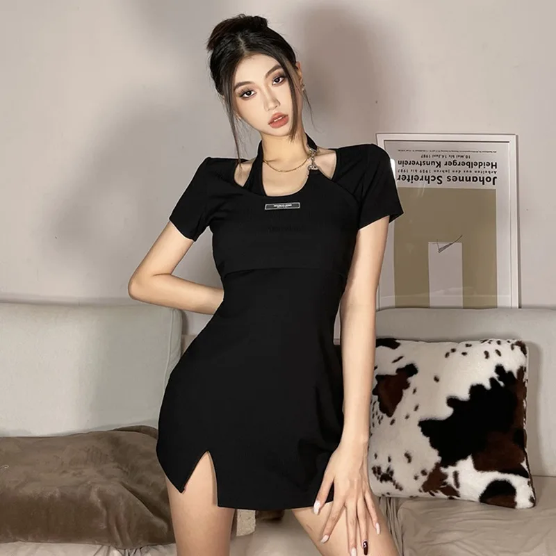 Summer Women Hanging Neck Short-sleeved Dress New Solid Color Sweet Self-cultivation High Waist Street Style Fashion Hip Dress