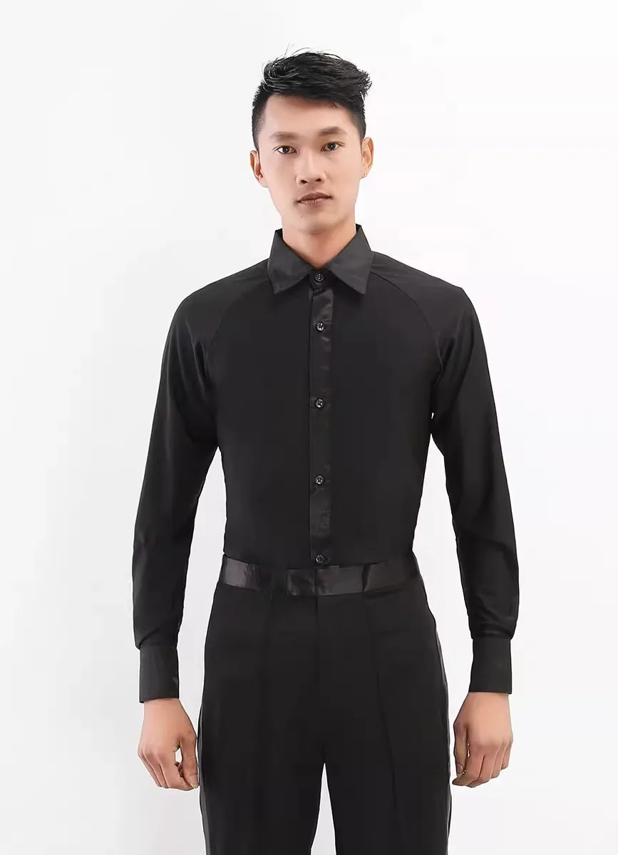 Camisas de dança latina homens cristal algodão manga longa com decote em v prática topos masculino salão cha samba roupas dança dancewear