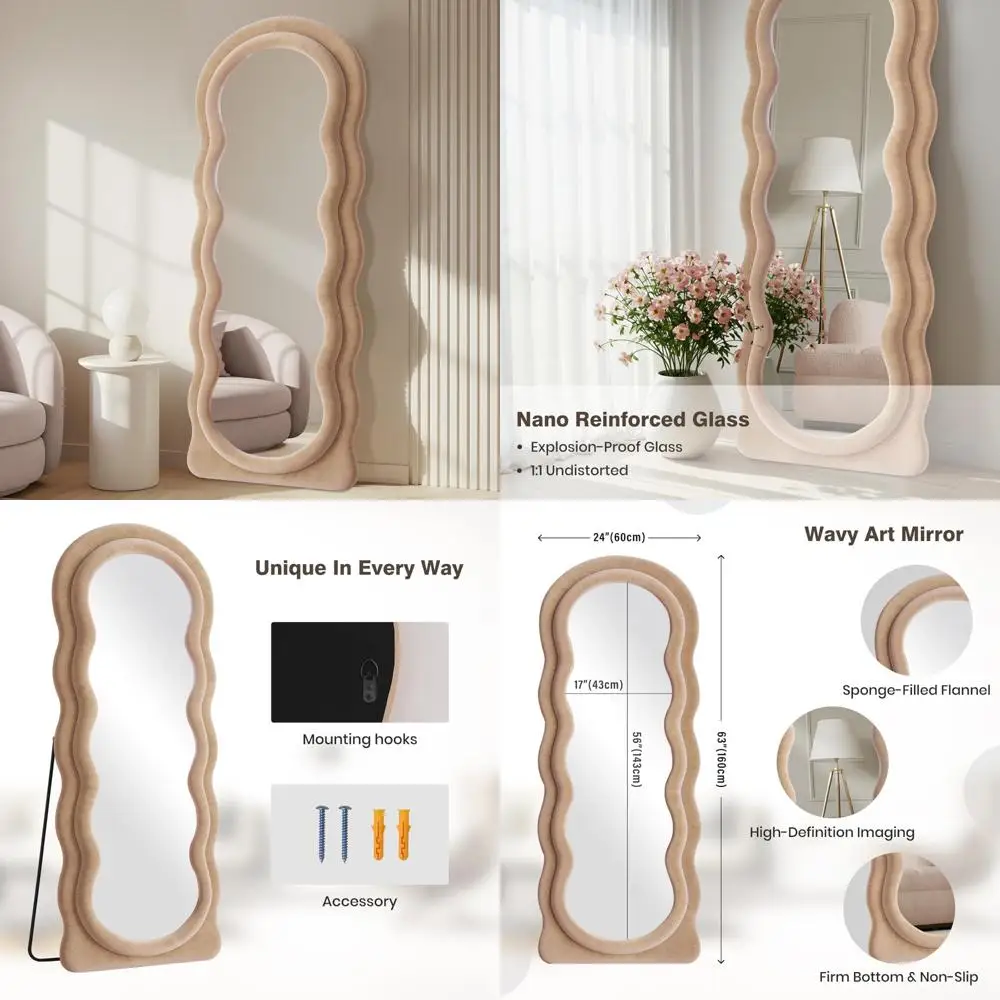 Gewölbter, gewellter Ganzkörper-Bodenspiegel zur Wandmontage, 63 x 24 Zoll, hängende Wand, Milchteeflanellrahmen, Ständer im Lieferumfang enthalten, voll