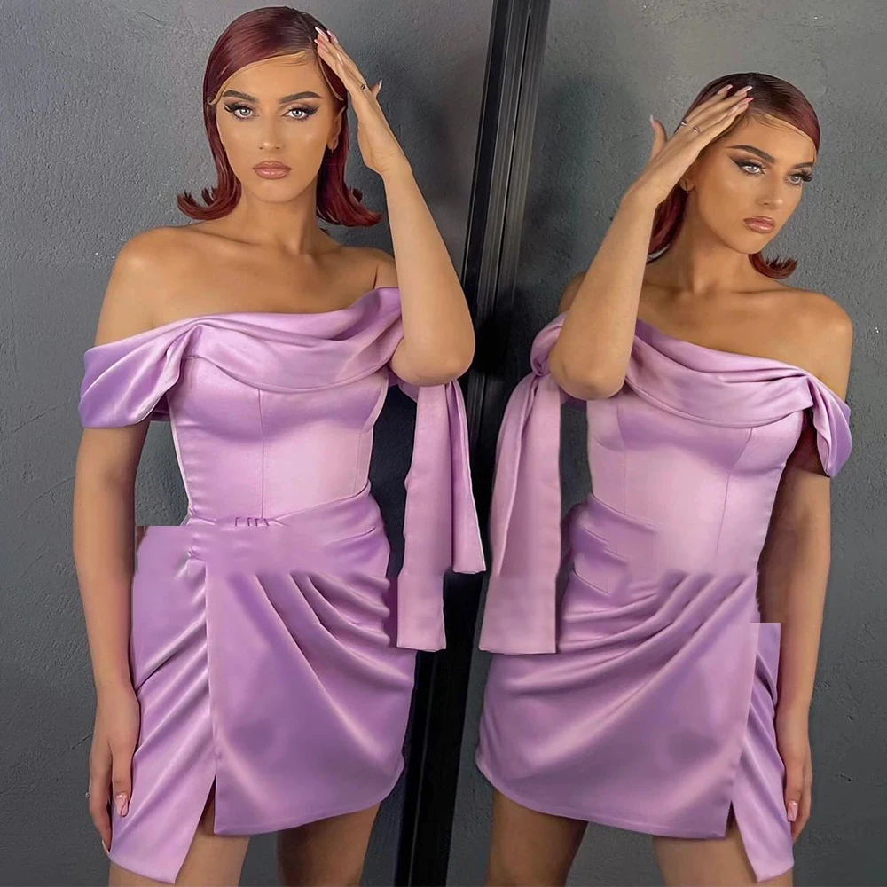 Customized Lilac Cocktail Dresses For Women 2024 Off The Shoulder Column Sexy Gowns Short Side Slit Evening Party Dress Mini Sim