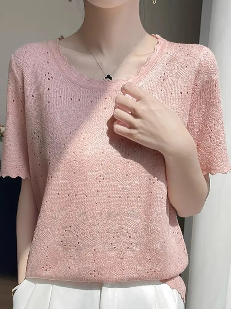 Top de punto con orejas de madera de encaje blanco dulce, camiseta fina ahuecada suave, Top informal de primavera para mujer