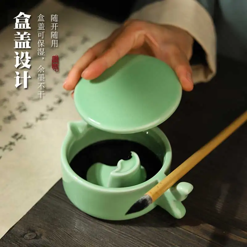 Ceramic Ink Pool Ink Box Table With Cover For BeginnersCalligraphy Special Rack Licking Wash Cylinder Plate Chinese Painting