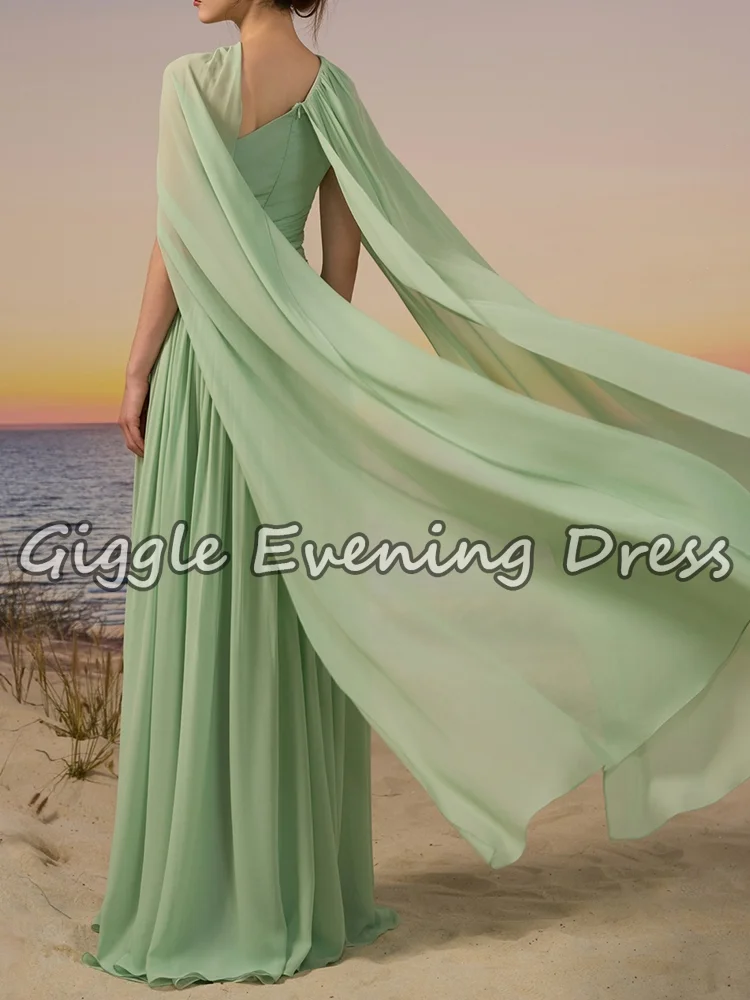 セージグリーンアラビアプロムドレスケープスリーブビーズプリーツフォーマルパーティードレス女性のドレープシフォンAラインイブニングドレスカスタマイズ