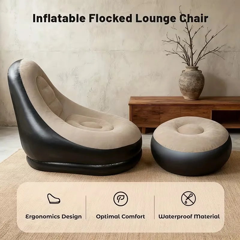 Flocked Inflatable Lazy Sofa, Lounge Chair, Portable Inflatable Bean Bag Sofa for Bedroom, Balcony, and Indoor Relaxation