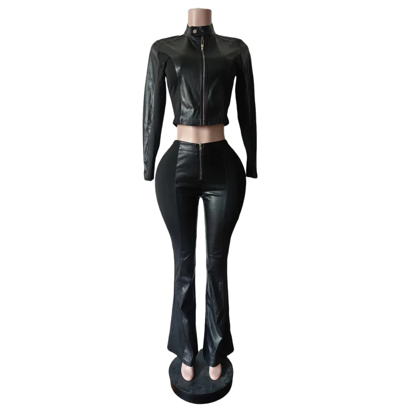 Fall Women Sets Y2k Punk Leather Two Tone Long Sleeve Zip Jacket and Flared Pants Suit Streetwear Motorcycle 2 Piece Set Outfits