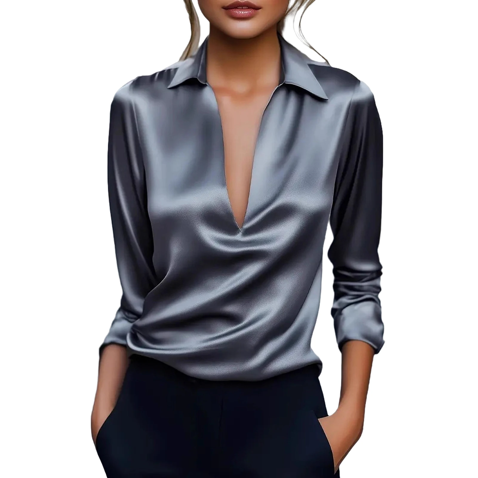 2026 New Women\'s Long-sleeved Shirt 10 Color Lapel Satin Button Cardigan Office Commuting Elegant Simple Top Basic Blouses