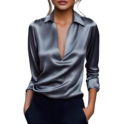 2026 New Women's Long-sleeved Shirt 10 Color Lapel Satin Button Cardigan Office Commuting Elegant Simple Top Basic Blouses