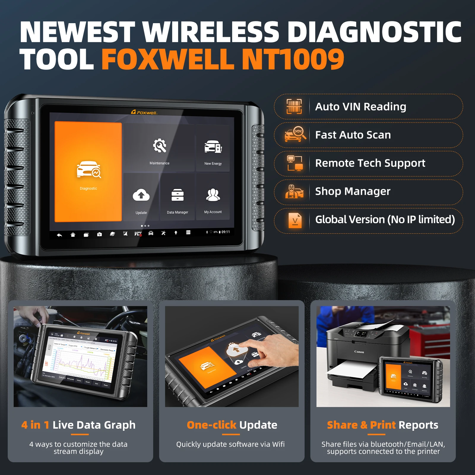 2024 FOXWELL NT1009 OBD2 Bluetooth Car Scanner All System A/F Adjust 35 Reset Active Test ECU Coding OBD 2 Auto Diagnostic Tools