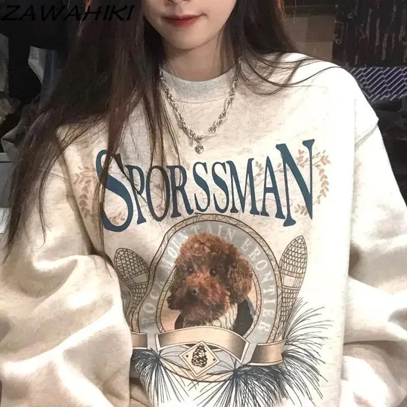 

Oversized Sweatshirt Women Chic American Retro Fall Winter Loose Fashion Letter Dog Print Chic Streetwear Winter Clothes Mujer