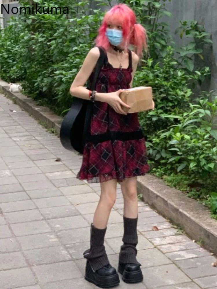 Punk Dresses for Women's 2024 Vestidos De Mujer Harajuku Japanese Tunic Summer Robe Femme Casual Fashion Plaid Sleeveless Dress