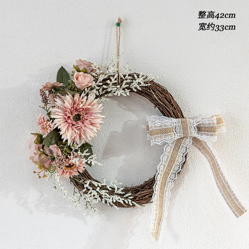 Artificial Flower Wreath, Realistic Rattan Floral Wall Hanging, Faux Garland Decor for Living Room, Bedroom, Door Wall Ornament