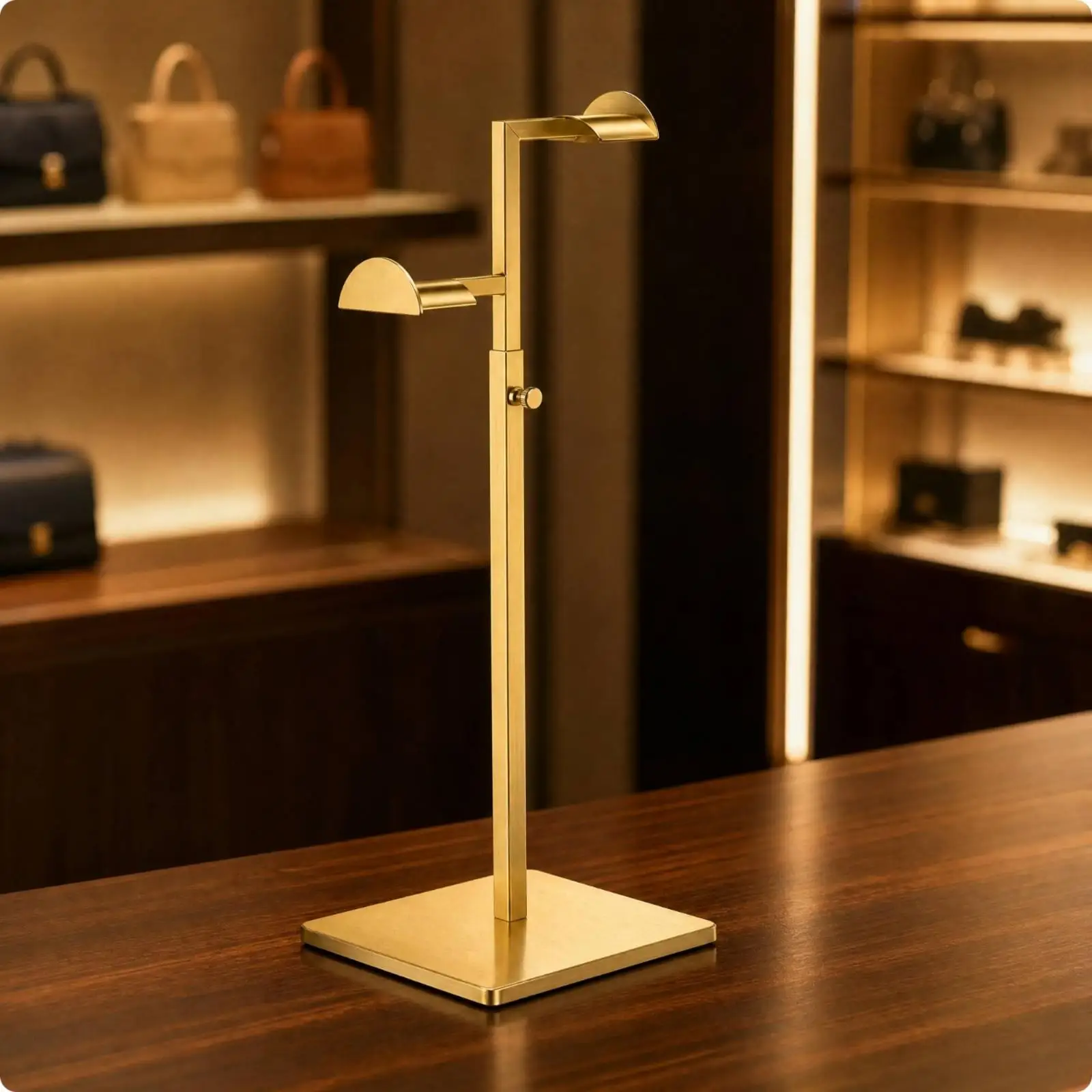 Brushed Metal Bag Display Stand Adjustable Height Purse Holder Rack for Showroom Accessory Display Shelf