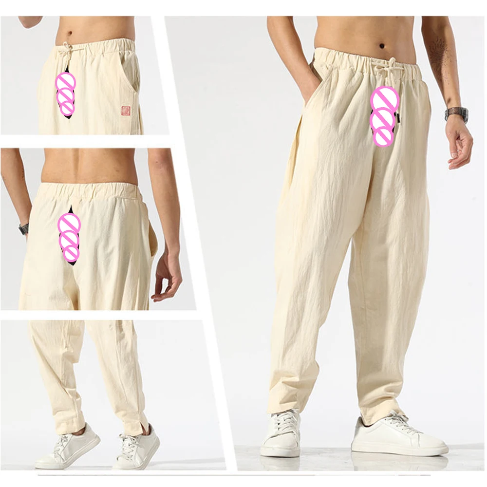Calça de linho de algodão masculina, virilha aberta invisível, sexo ao ar livre, moda casual, exoticismo, nove pontos