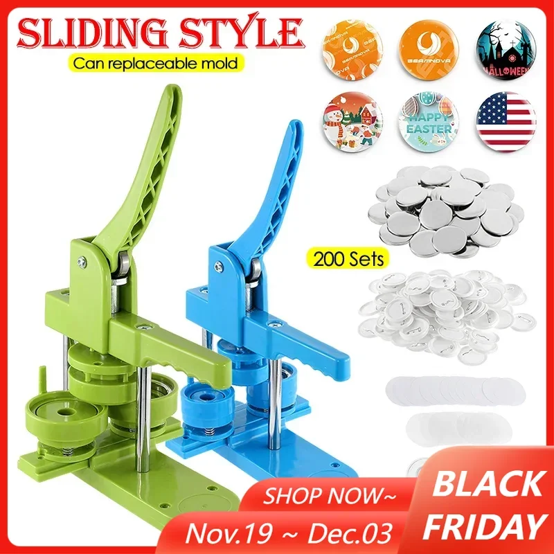 

25/32/37/44/58mm Badge Button Maker Machine Kit with 200Sets Making Parts + Circle Cutter DIY Round Badge Pins Press Machine Set