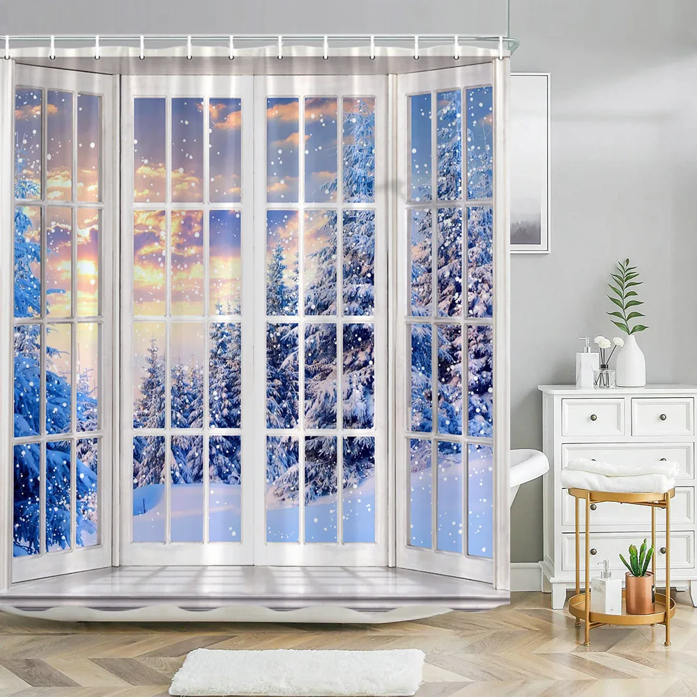 Winter Shower Curtain Snow Covered Forest Idyllic Early Morning Scenery Seasonal Xmas Nature Cloth Bathroom Decor Set with Hooks